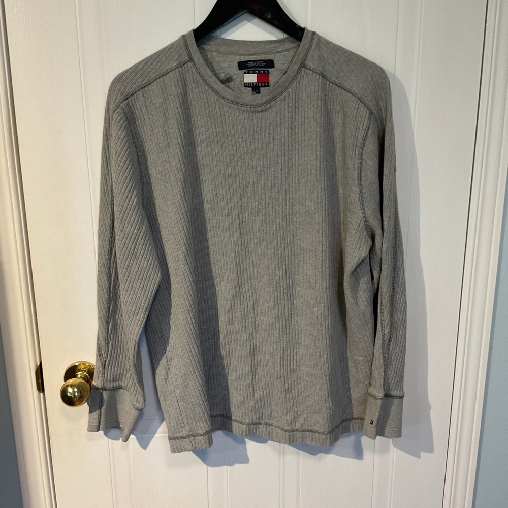 Tommy Hilfiger Thermal Shirt Mens Large Grey Excellent Ribbed Long Sleeve Cotton